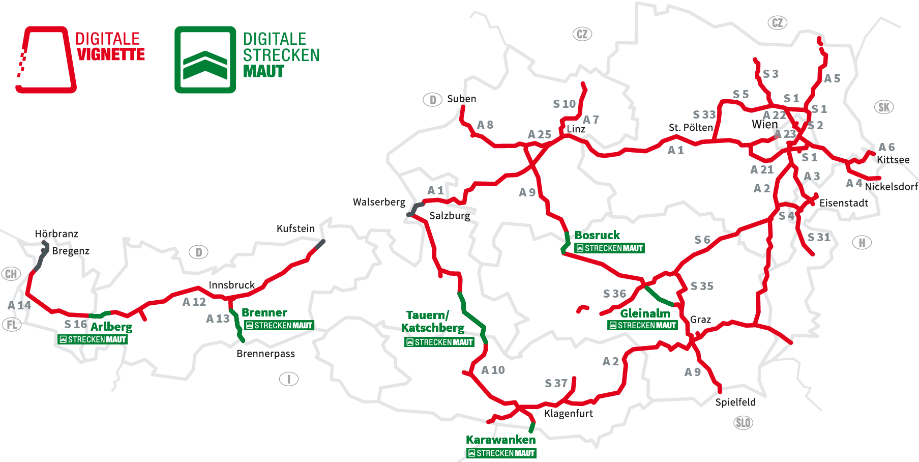 Grafik der mautpflichtigen Autobahnen und Schnellstra&szlig;en in &Ouml;sterreich mit rotem Logo der Digitalen Vignette und gr&uuml;nem Logo der Digitalen Streckenmaut. Vignettenpflichtige Strecken sind rot markiert. Gr&uuml;n hervorgehoben sind die sechs Streckenmaut-Abschnitte: S 16 Arlberg, A 13 Brenner, A 10 Tauern, A 11 Karawanken,  A 9 Bosruck und Gleinalm. Hier ben&ouml;tigen Sie ein Streckenmaut-Ticket. 