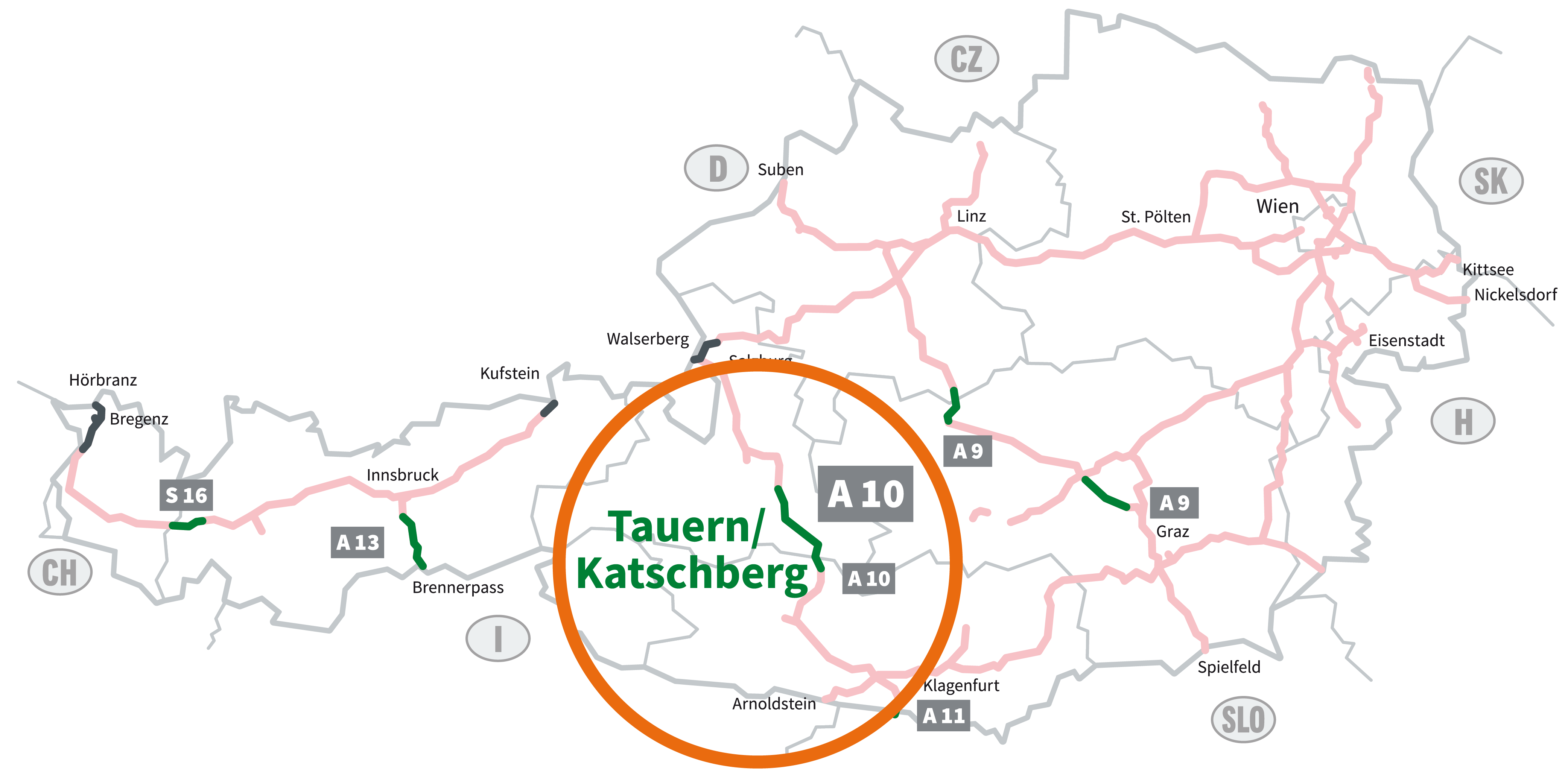 Grafik der mautpflichtigen Autobahnen und Schnellstra&szlig;en in &Ouml;sterreich. Vignettenpflichtige Strecken sind blassrot markiert. Gr&uuml;n hervorgehoben sind die sechs Streckenmaut-Abschnitte: S 16 Arlberg, A 13 Brenner, A 10 Tauern, A 11 Karawanken,  A 9 Bosruck und Gleinalm. Hier ben&ouml;tigen Sie ein Streckenmaut-Ticket. Der Bereich um den streckenmautpflichtigen Abschnitt auf der A 10 Tauern-Autobahn ist eingekreist.