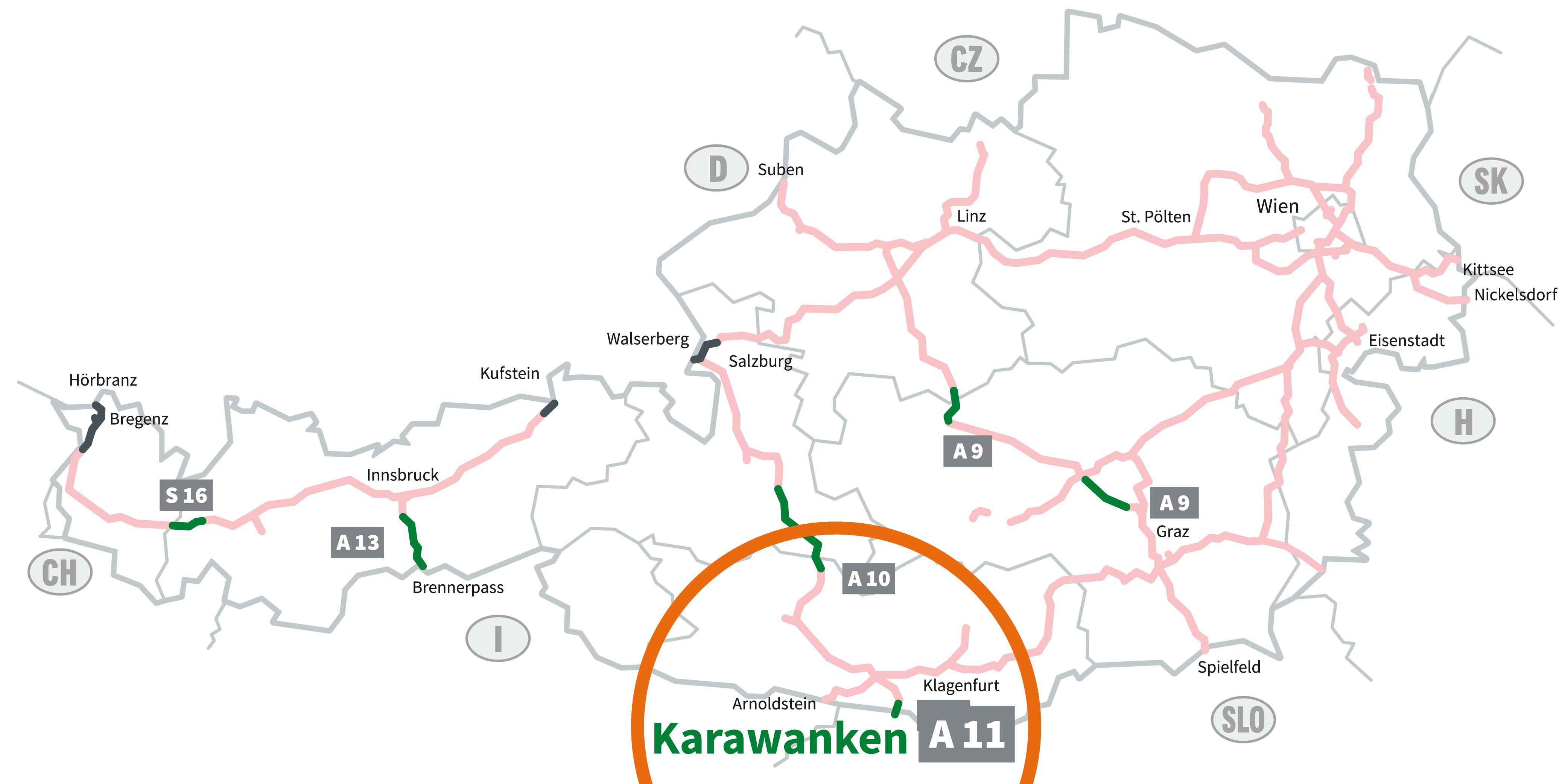 Grafik der mautpflichtigen Autobahnen und Schnellstra&szlig;en in &Ouml;sterreich. Vignettenpflichtige Strecken sind blassrot markiert. Gr&uuml;n hervorgehoben sind die sechs Streckenmaut-Abschnitte: S 16 Arlberg, A 13 Brenner, A 10 Tauern, A 11 Karawanken,  A 9 Bosruck und Gleinalm. Hier ben&ouml;tigen Sie ein Streckenmaut-Ticket. Der Bereich um den streckenmautpflichtigen Abschnitt auf der A 11 Karawanken Autobahn ist eingekreist. 