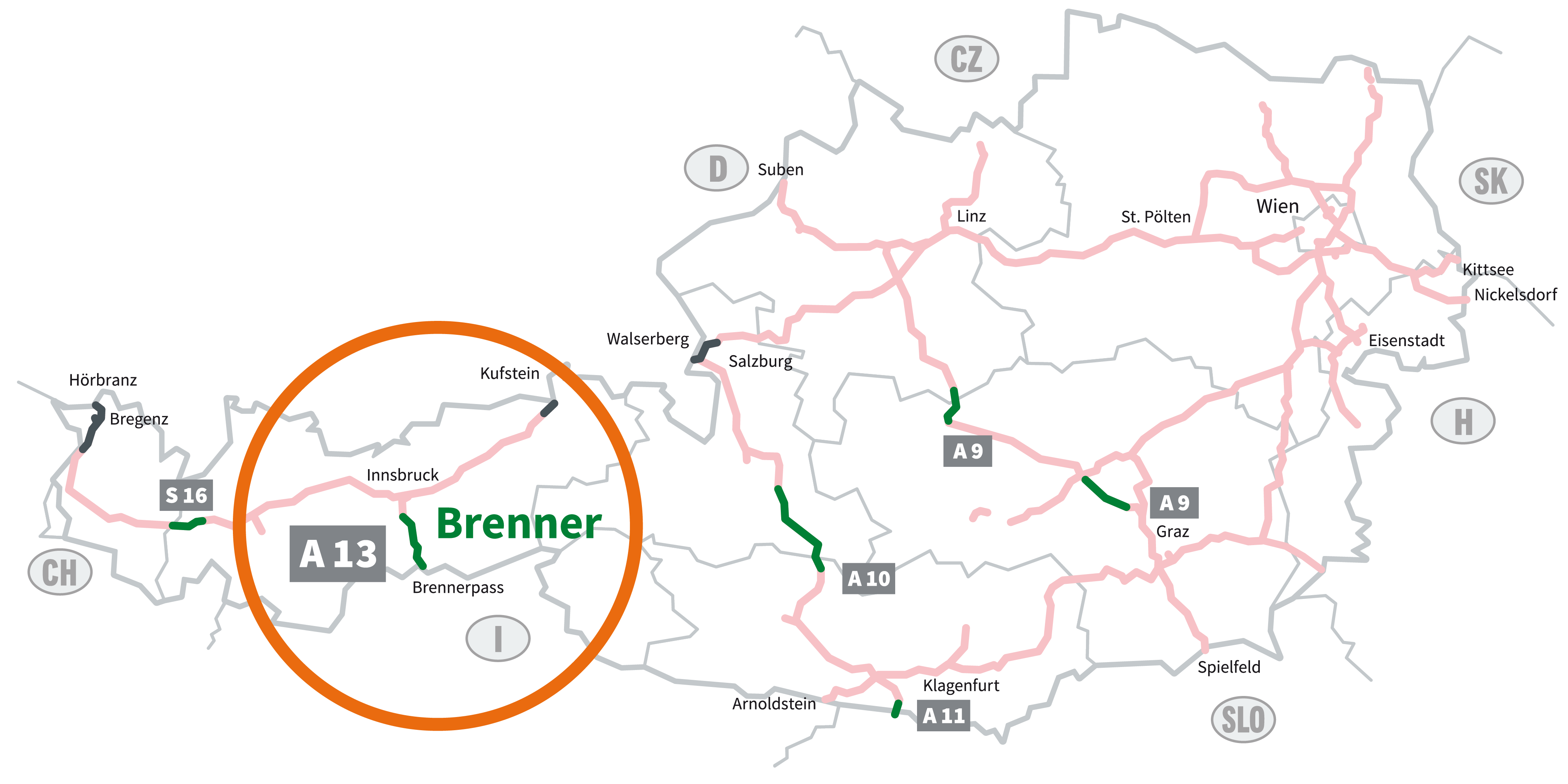 Grafik der mautpflichtigen Autobahnen und Schnellstra&szlig;en in &Ouml;sterreich. Vignettenpflichtige Strecken sind blassrot markiert. Gr&uuml;n hervorgehoben sind die sechs Streckenmaut-Abschnitte: S 16 Arlberg, A 13 Brenner, A 10 Tauern, A 11 Karawanken,  A 9 Bosruck und Gleinalm. Hier ben&ouml;tigen Sie ein Streckenmaut-Ticket. Der Bereich um den streckenmautpflichtigen Abschnitt auf der A 13 Brenner-Autobahn ist eingekreist. 