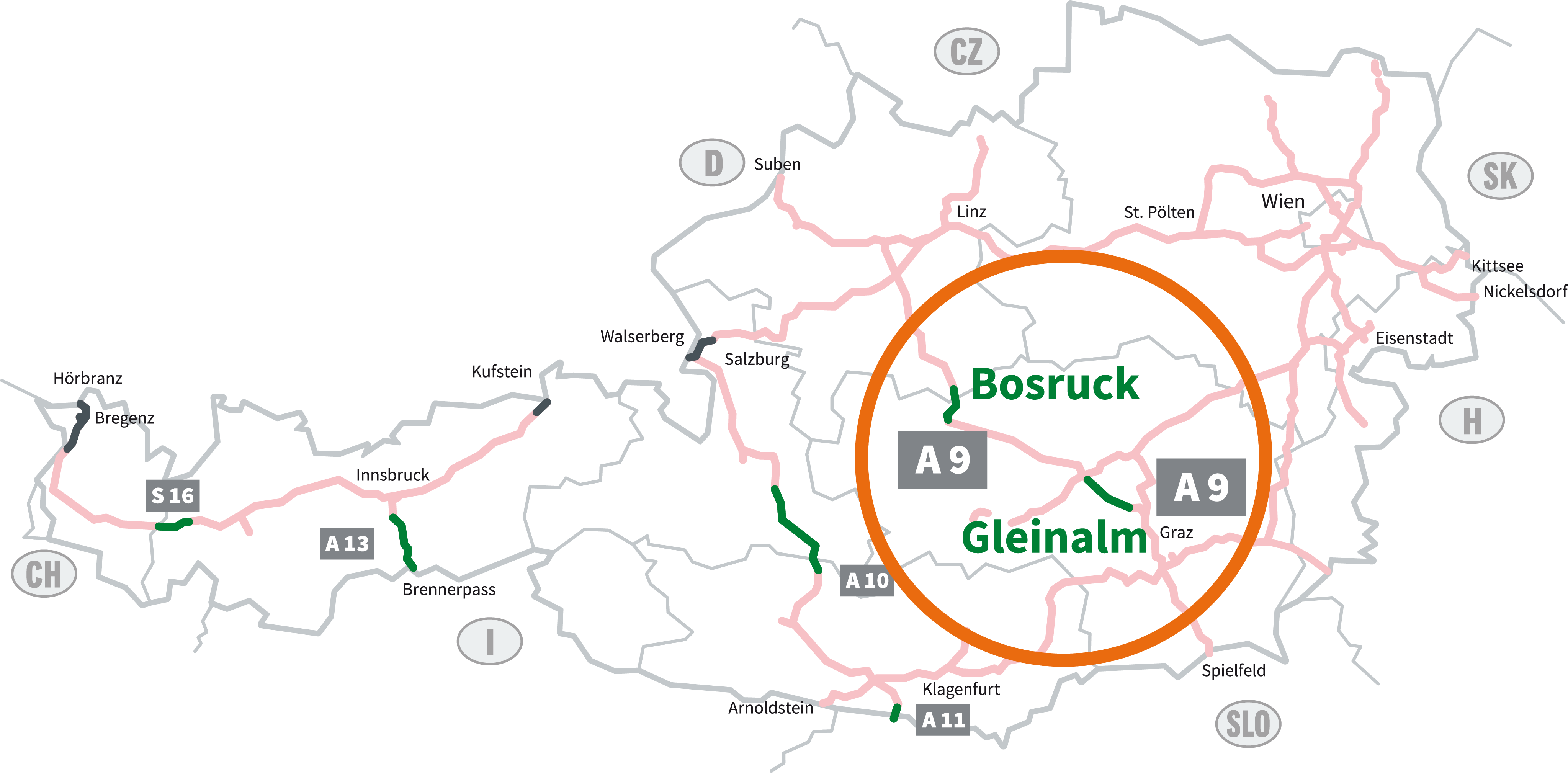 Grafik der mautpflichtigen Autobahnen und Schnellstra&szlig;en in &Ouml;sterreich. Vignettenpflichtige Strecken sind blassrot markiert. Gr&uuml;n hervorgehoben sind die sechs Streckenmaut-Abschnitte: S 16 Arlberg, A 13 Brenner, A 10 Tauern, A 11 Karawanken,  A 9 Bosruck und Gleinalm. Hier ben&ouml;tigen Sie ein Streckenmaut-Ticket. Der Bereich um den streckenmautpflichtigen Abschnitt auf der A 9 Phyrn-Autobahn ist eingekreist. 