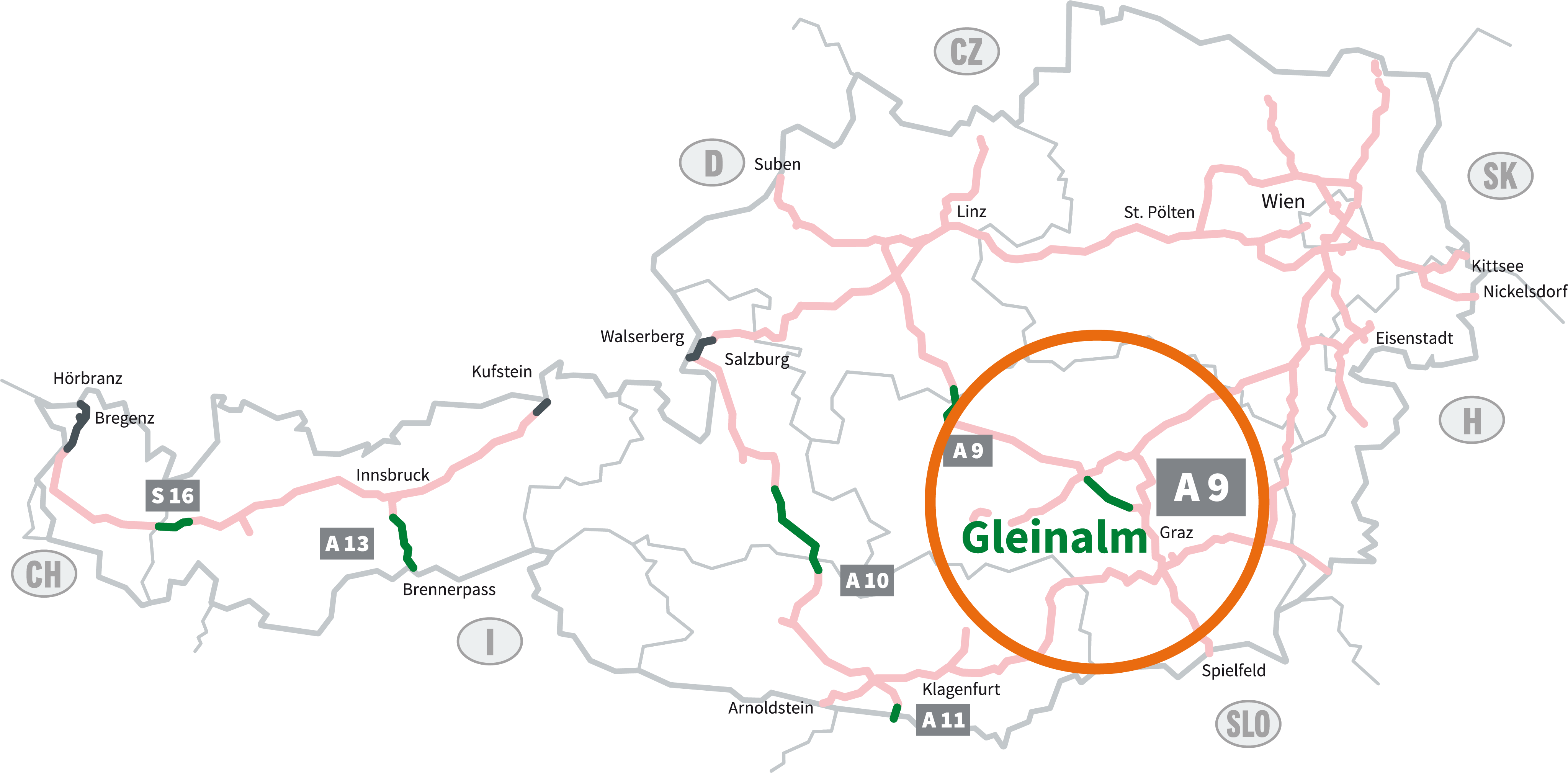 Grafik der mautpflichtigen Autobahnen und Schnellstra&szlig;en in &Ouml;sterreich. Vignettenpflichtige Strecken sind blassrot markiert. Gr&uuml;n hervorgehoben sind die sechs Streckenmaut-Abschnitte: S 16 Arlberg, A 13 Brenner, A 10 Tauern, A 11 Karawanken,  A 9 Bosruck und Gleinalm. Hier ben&ouml;tigen Sie ein Streckenmaut-Ticket. Der Bereich um den streckenmautpflichtigen Abschnitt Gleinalm auf der A 9 Phyrn-Autobahn ist eingekreist. 