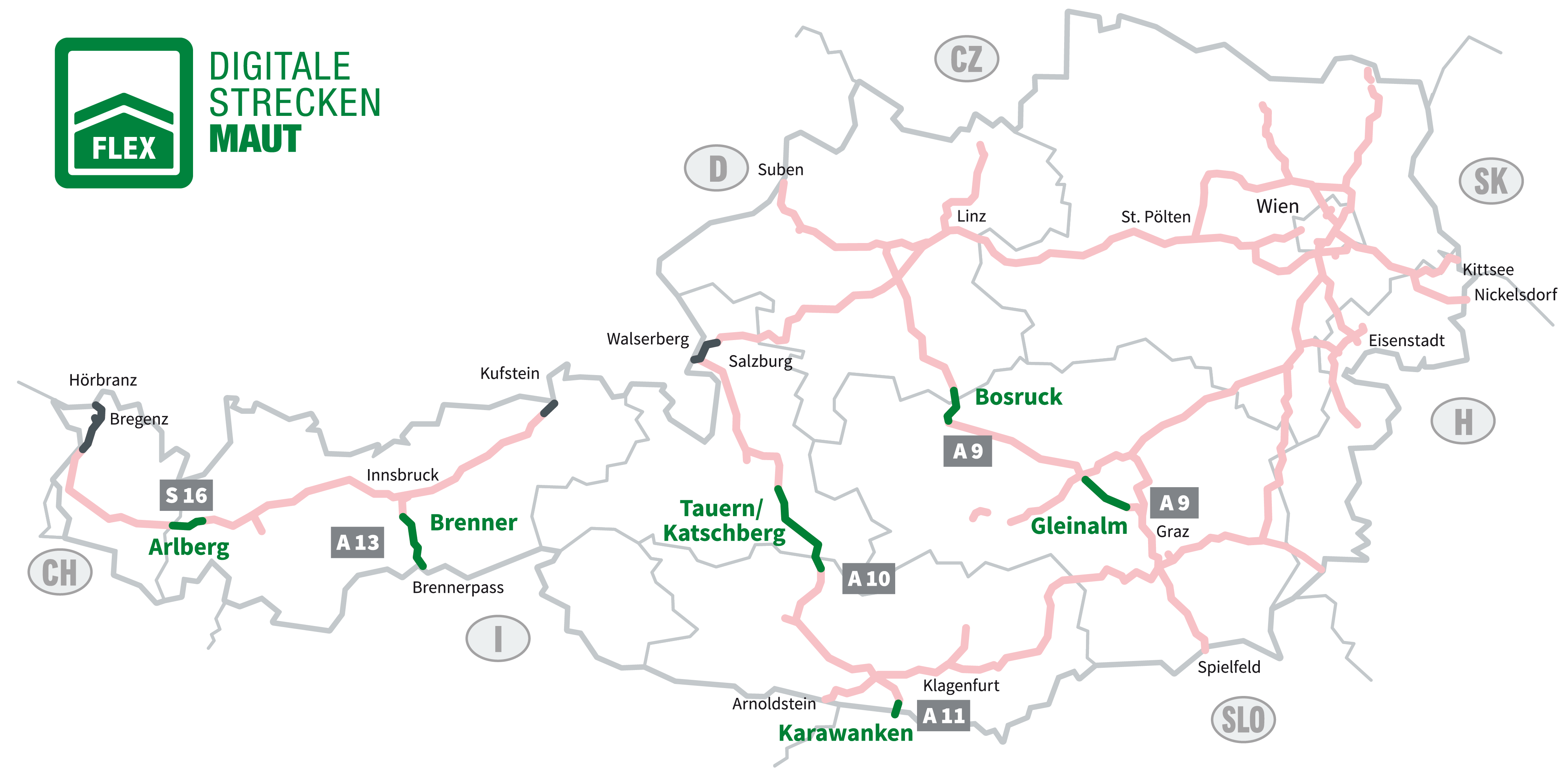 Grafik der mautpflichtigen Autobahnen und Schnellstra&szlig;en in &Ouml;sterreich mit gr&uuml;nem  Logo der Digitalen Streckenmaut FLEX. Vignettenpflichtige Strecken sind rot markiert. Gr&uuml;n hervorgehoben sind die sechs Streckenmaut-Abschnitte: S 16 Arlberg, A 13 Brenner, A 10 Tauern, A 11 Karawanken,  A 9 Bosruck und Gleinalm. Hier ben&ouml;tigen Sie ein Streckenmaut-Ticket.