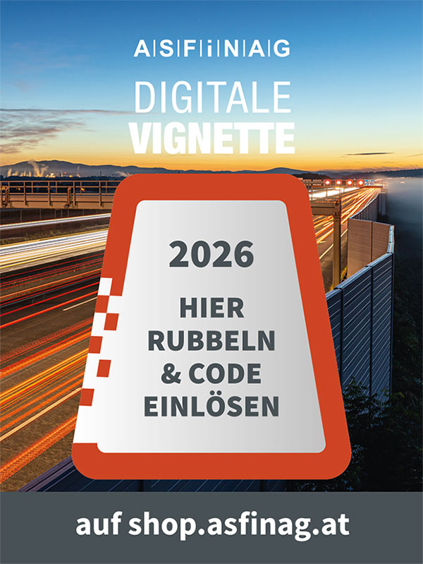 Logo der Digitalen Vignette mit Aufschrift Hier Rubbeln & Code einl&ouml;sen auf shop.asfinag.at